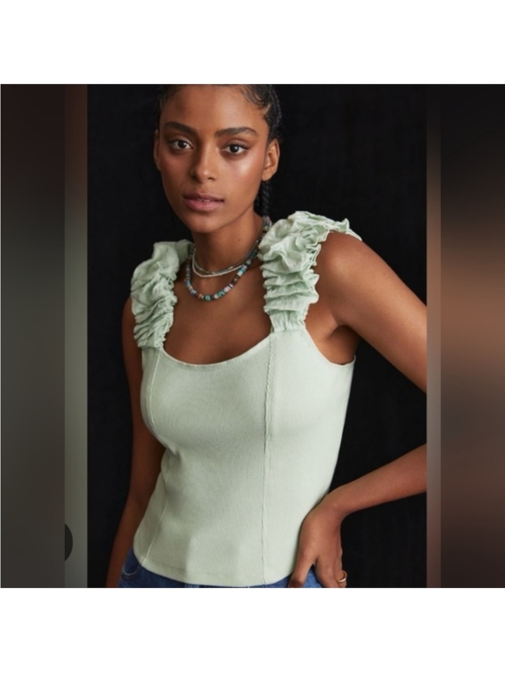Anthropologie Green Ruffled Knit Tank